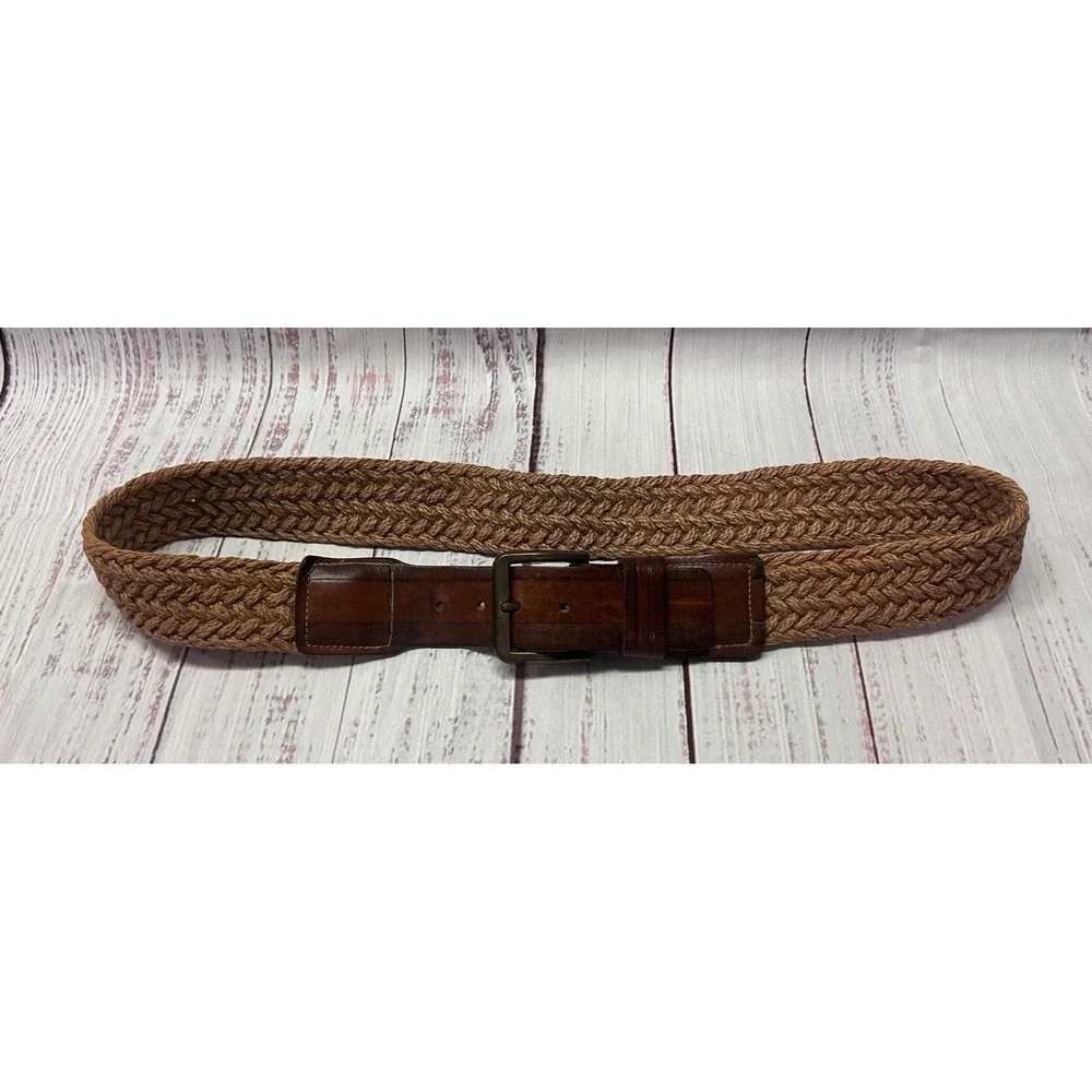 Mens Braided Jute Belt Brown Top Grain Cowhide Leather Trim Tan Woven Size 34
